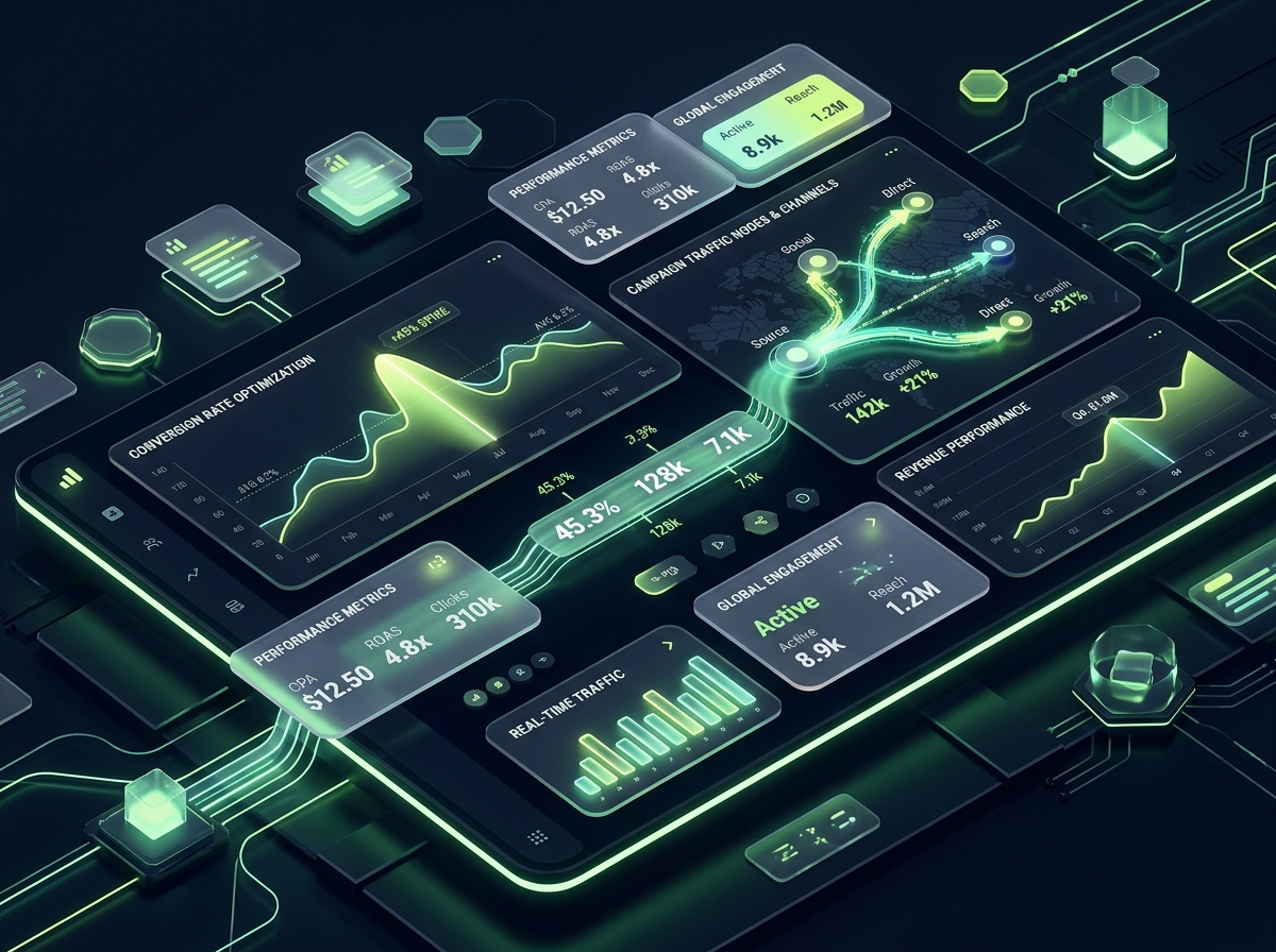 Performance marketing dashboard showing conversion optimization, campaign nodes, and ROAS metrics
